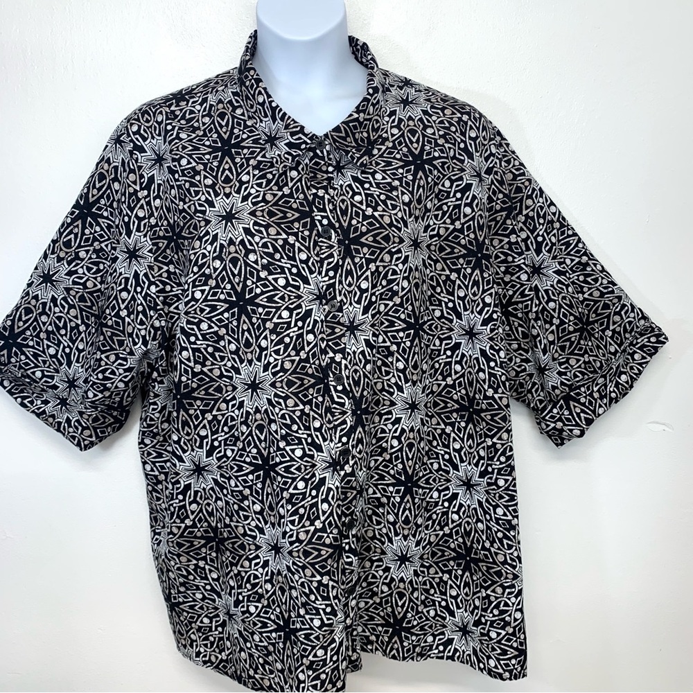 Catherines Linen Cotton Blouse  Woman 4X  Button‎ Up Black Abstract Print Work